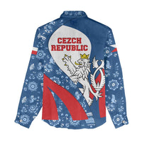 Czech Republic Women Casual Shirt with Blue Red Folk Pattern Design and National Lion Emblem - Wonder Print Shop