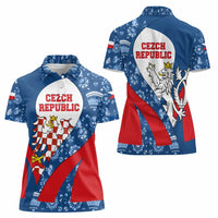 Czech Republic Women Polo Shirt with Blue Red Folk Pattern Design and National Lion Emblem - Wonder Print Shop