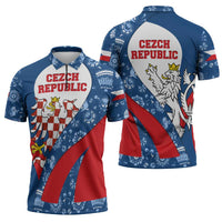 Czech Republic Zipper Polo Shirt with Blue Red Folk Pattern Design and National Lion Emblem - Wonder Print Shop