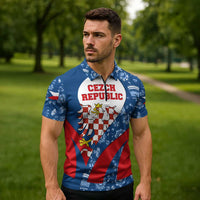 Czech Republic Zipper Polo Shirt with Blue Red Folk Pattern Design and National Lion Emblem - Wonder Print Shop