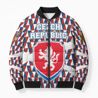 Czech Republic Bomber Puffer Jacket with Red Blue Geometric Design and National Lion Shield - Wonder Print Shop