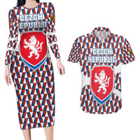 Czech Republic Couples Matching Long Sleeve Bodycon Dress and Hawaiian Shirt with Red Blue Geometric Design and National Lion Shield - Wonder Print Shop