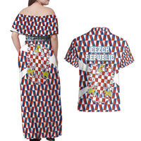 Czech Republic Couples Matching Off Shoulder Maxi Dress and Hawaiian Shirt with Red Blue Geometric Design and National Lion Shield - Wonder Print Shop