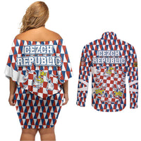 Czech Republic Couples Matching Off Shoulder Short Dress and Long Sleeve Button Shirt with Red Blue Geometric Design and National Lion Shield - Wonder Print Shop