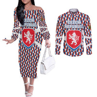 Czech Republic Couples Matching Off The Shoulder Long Sleeve Dress and Long Sleeve Button Shirt with Red Blue Geometric Design and National Lion Shield - Wonder Print Shop