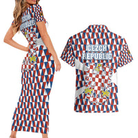 Czech Republic Couples Matching Short Sleeve Bodycon Dress and Hawaiian Shirt with Red Blue Geometric Design and National Lion Shield - Wonder Print Shop