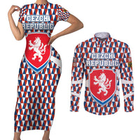 Czech Republic Couples Matching Short Sleeve Bodycon Dress and Long Sleeve Button Shirt with Red Blue Geometric Design and National Lion Shield - Wonder Print Shop
