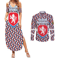 Czech Republic Couples Matching Summer Maxi Dress and Long Sleeve Button Shirt with Red Blue Geometric Design and National Lion Shield - Wonder Print Shop
