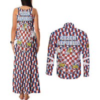 Czech Republic Couples Matching Tank Maxi Dress and Long Sleeve Button Shirt with Red Blue Geometric Design and National Lion Shield - Wonder Print Shop