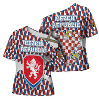 Czech Republic Cross Shoulder Shirt with Red Blue Geometric Design and National Lion Shield - Wonder Print Shop