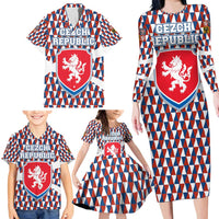 Czech Republic Family Matching Long Sleeve Bodycon Dress and Hawaiian Shirt with Red Blue Geometric Design and National Lion Shield - Wonder Print Shop
