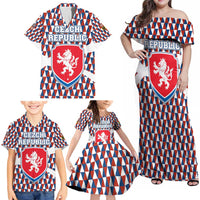 Czech Republic Family Matching Off Shoulder Maxi Dress and Hawaiian Shirt with Red Blue Geometric Design and National Lion Shield - Wonder Print Shop