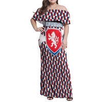 Czech Republic Family Matching Off Shoulder Maxi Dress and Hawaiian Shirt with Red Blue Geometric Design and National Lion Shield - Wonder Print Shop