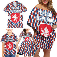 Czech Republic Family Matching Off Shoulder Short Dress and Hawaiian Shirt with Red Blue Geometric Design and National Lion Shield - Wonder Print Shop