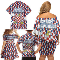 Czech Republic Family Matching Off Shoulder Short Dress and Hawaiian Shirt with Red Blue Geometric Design and National Lion Shield - Wonder Print Shop