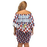 Czech Republic Family Matching Off Shoulder Short Dress and Hawaiian Shirt with Red Blue Geometric Design and National Lion Shield - Wonder Print Shop