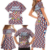 Czech Republic Family Matching Short Sleeve Bodycon Dress and Hawaiian Shirt with Red Blue Geometric Design and National Lion Shield - Wonder Print Shop