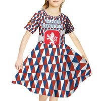 Czech Republic Kid Short Sleeve Dress with Red Blue Geometric Design and National Lion Shield - Wonder Print Shop
