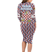 Czech Republic Long Sleeve Bodycon Dress with Red Blue Geometric Design and National Lion Shield - Wonder Print Shop