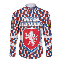 Czech Republic Long Sleeve Button Shirt with Red Blue Geometric Design and National Lion Shield - Wonder Print Shop