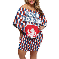 Czech Republic Off Shoulder Short Dress with Red Blue Geometric Design and National Lion Shield - Wonder Print Shop