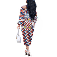 Czech Republic Off The Shoulder Long Sleeve Dress with Red Blue Geometric Design and National Lion Shield - Wonder Print Shop