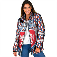 Czech Republic Padded Jacket with Red Blue Geometric Design and National Lion Shield - Wonder Print Shop