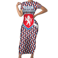 Czech Republic Short Sleeve Bodycon Dress with Red Blue Geometric Design and National Lion Shield - Wonder Print Shop