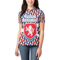 Czech Republic Women Polo Shirt with Red Blue Geometric Design and National Lion Shield - Wonder Print Shop