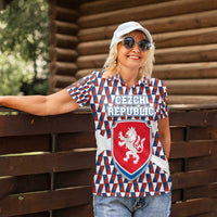 Czech Republic Women Polo Shirt with Red Blue Geometric Design and National Lion Shield - Wonder Print Shop