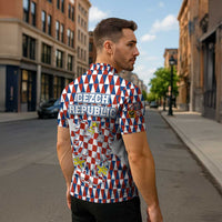 Czech Republic Zipper Polo Shirt with Red Blue Geometric Design and National Lion Shield - Wonder Print Shop