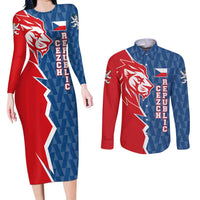 Czech Republic Couples Matching Long Sleeve Bodycon Dress and Long Sleeve Button Shirt with Red Blue Modern Lion Design and Geometric Flag - Wonder Print Shop
