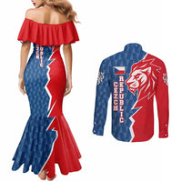 Czech Republic Couples Matching Mermaid Dress and Long Sleeve Button Shirt with Red Blue Modern Lion Design and Geometric Flag - Wonder Print Shop