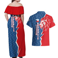 Czech Republic Couples Matching Off Shoulder Maxi Dress and Hawaiian Shirt with Red Blue Modern Lion Design and Geometric Flag - Wonder Print Shop