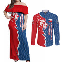 Czech Republic Couples Matching Off Shoulder Maxi Dress and Long Sleeve Button Shirt with Red Blue Modern Lion Design and Geometric Flag - Wonder Print Shop