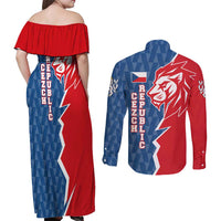 Czech Republic Couples Matching Off Shoulder Maxi Dress and Long Sleeve Button Shirt with Red Blue Modern Lion Design and Geometric Flag - Wonder Print Shop