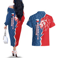 Czech Republic Couples Matching Off The Shoulder Long Sleeve Dress and Hawaiian Shirt with Red Blue Modern Lion Design and Geometric Flag - Wonder Print Shop