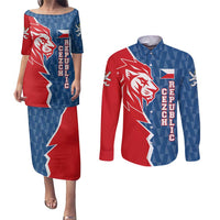 Czech Republic Couples Matching Puletasi and Long Sleeve Button Shirt with Red Blue Modern Lion Design and Geometric Flag - Wonder Print Shop
