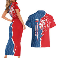 Czech Republic Couples Matching Short Sleeve Bodycon Dress and Hawaiian Shirt with Red Blue Modern Lion Design and Geometric Flag - Wonder Print Shop