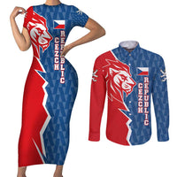 Czech Republic Couples Matching Short Sleeve Bodycon Dress and Long Sleeve Button Shirt with Red Blue Modern Lion Design and Geometric Flag - Wonder Print Shop