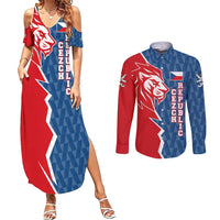 Czech Republic Couples Matching Summer Maxi Dress and Long Sleeve Button Shirt with Red Blue Modern Lion Design and Geometric Flag - Wonder Print Shop