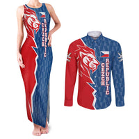 Czech Republic Couples Matching Tank Maxi Dress and Long Sleeve Button Shirt with Red Blue Modern Lion Design and Geometric Flag - Wonder Print Shop