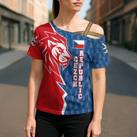 Czech Republic Cross Shoulder Shirt with Red Blue Modern Lion Design and Geometric Flag - Wonder Print Shop
