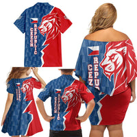 Czech Republic Family Matching Off Shoulder Short Dress and Hawaiian Shirt with Red Blue Modern Lion Design and Geometric Flag - Wonder Print Shop