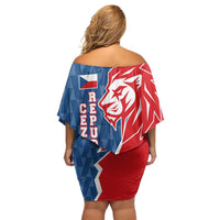 Czech Republic Family Matching Off Shoulder Short Dress and Hawaiian Shirt with Red Blue Modern Lion Design and Geometric Flag - Wonder Print Shop