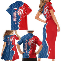 Czech Republic Family Matching Short Sleeve Bodycon Dress and Hawaiian Shirt with Red Blue Modern Lion Design and Geometric Flag - Wonder Print Shop