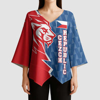 Czech Republic Kimono Sleeve Blouse with Red Blue Modern Lion Design and Geometric Flag - Wonder Print Shop