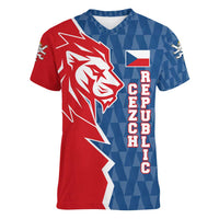 Czech Republic Women V-Neck T-Shirt with Red Blue Modern Lion Design and Geometric Flag - Wonder Print Shop