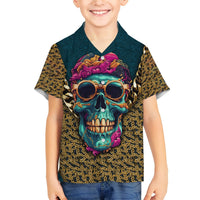 Kids' dark Hawaiian shirt with gold pattern and multicolor skull sunglasses graphic