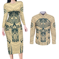 Polynesian Couples Matching Long Sleeve Bodycon Dress and Long Sleeve Button Shirts Warrior Skull with Tribal Patterns Tattoo Design - Wonder Print Shop